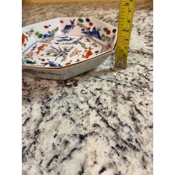 Vintage Octagonal Koi Fish Floral Porcelain Dish Hand Painted Blue Orange Japan - Picture 8 of 8